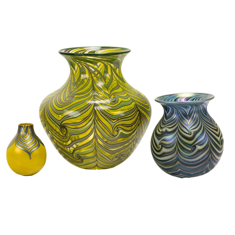 Three Charles Lotton and Daniel Lotton pulled feather art glass vases (1 of 6)