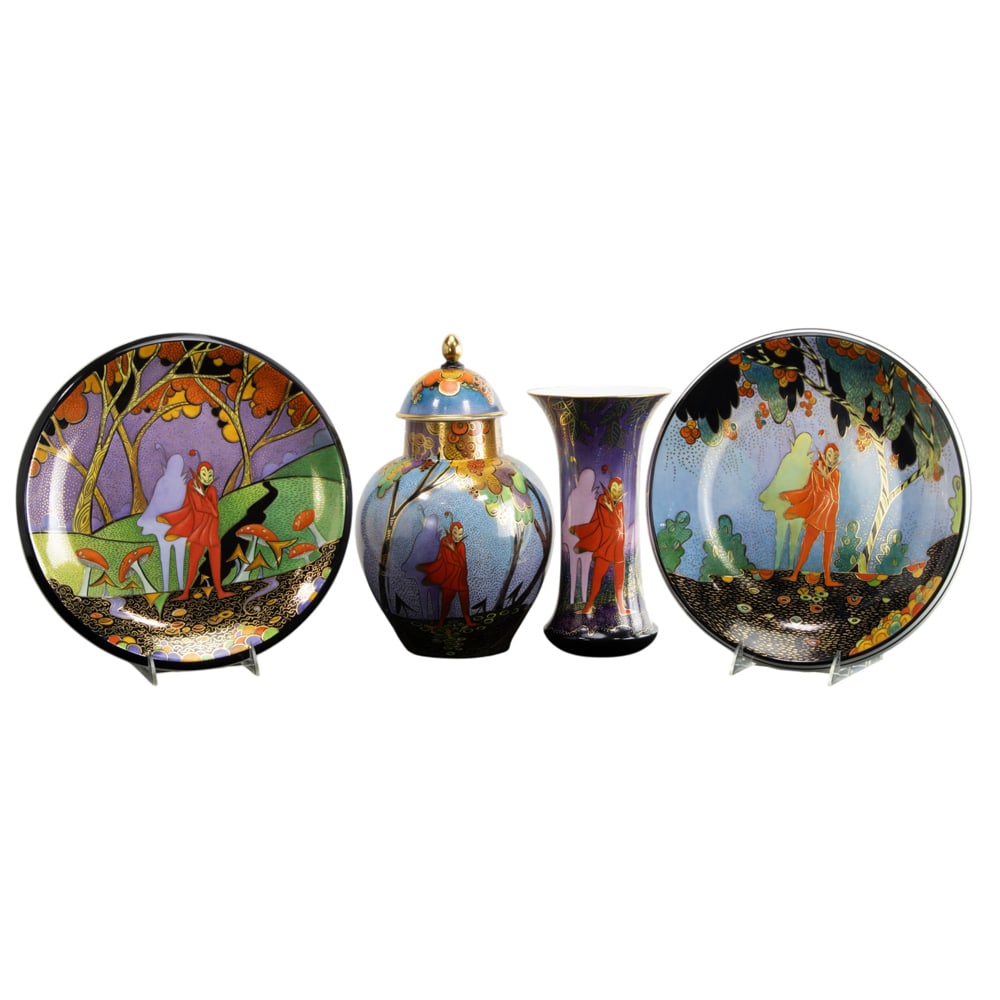 Four Carlton Ware bone china porcelain table articles: Four Carlton Ware bone china porcelain table articles, designed after the "Mephistopheles" pattern, freehand decorated by Marie Graves, late 20th/early 21st century, each featuring the "Red Devil" fig