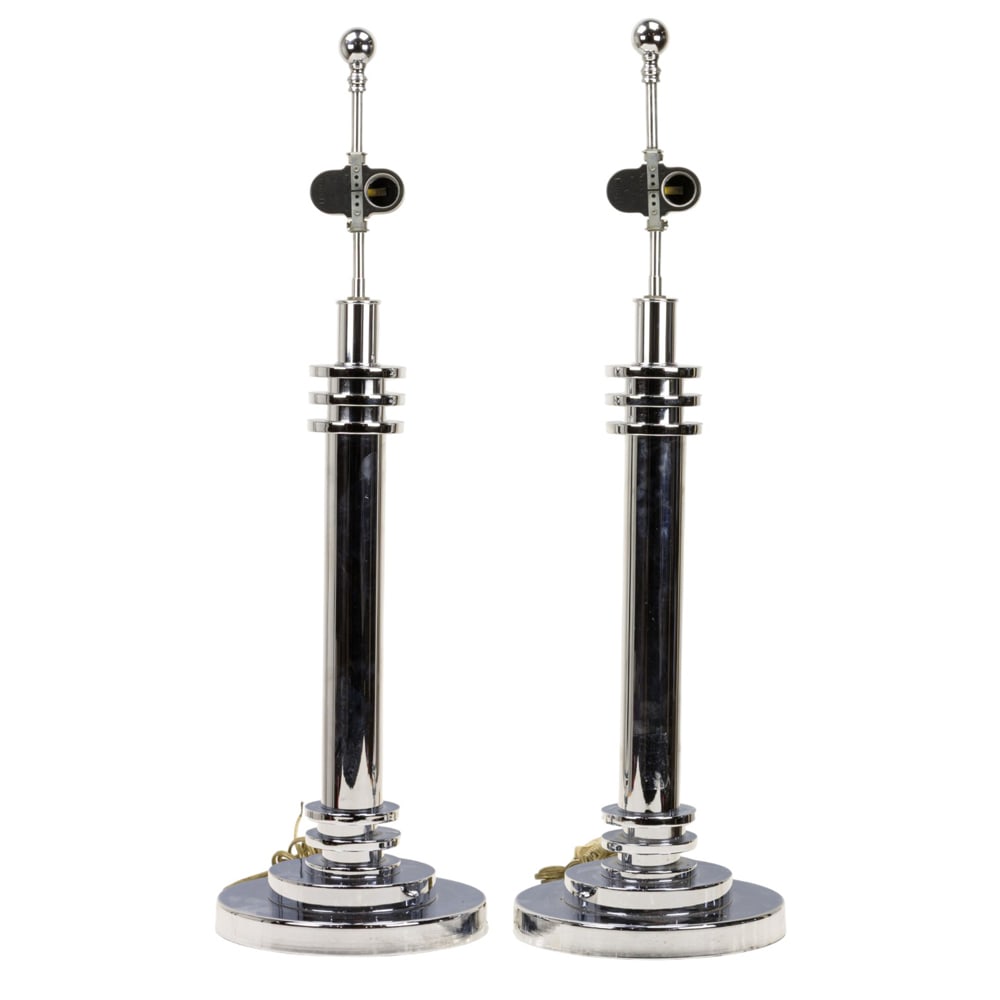 A pair of Art Deco chromed metal 'Skyscraper' table lamps (1 of 3)