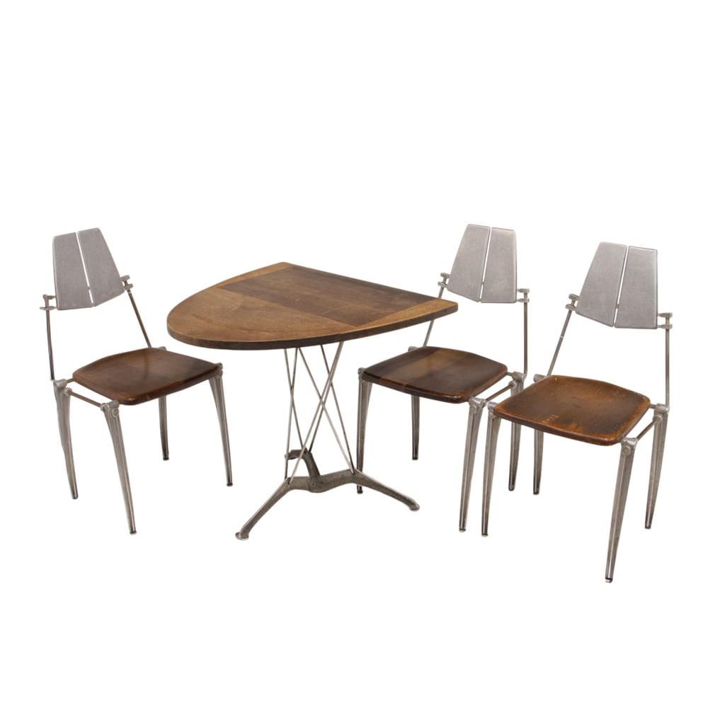 A Robert Josten aluminum and wood bistro set: A Robert Josten aluminum and wood bistro set, 1970s/80s, comprising three chairs and a D form table, chair 34.75"h x 18.5"w; seat 18"h; 28"h x 29.5"w x 30"d