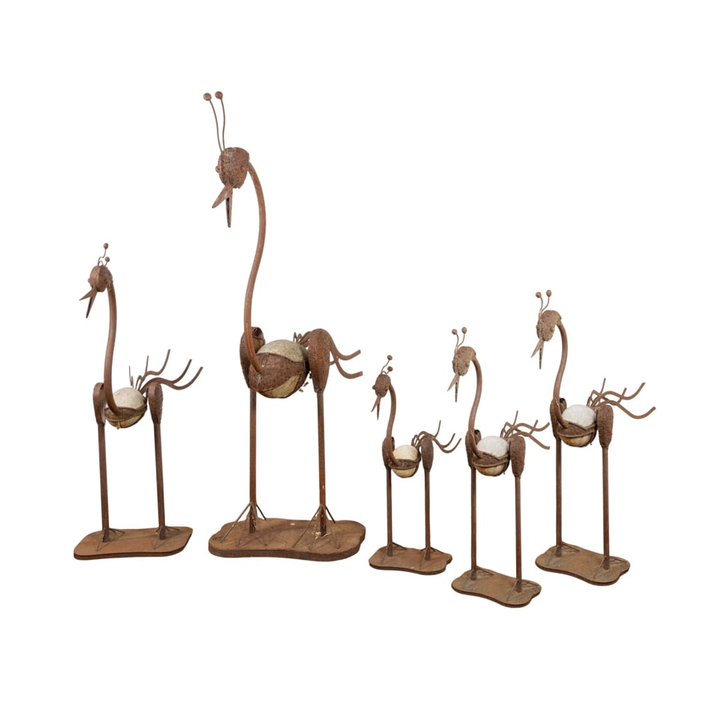 A group of kinetic wrought iron bird sculptures: A group of kinetic wrought iron bird sculptures, 72"h x 45"w (largest); 33"h x 27"w (smallest) [5 total]