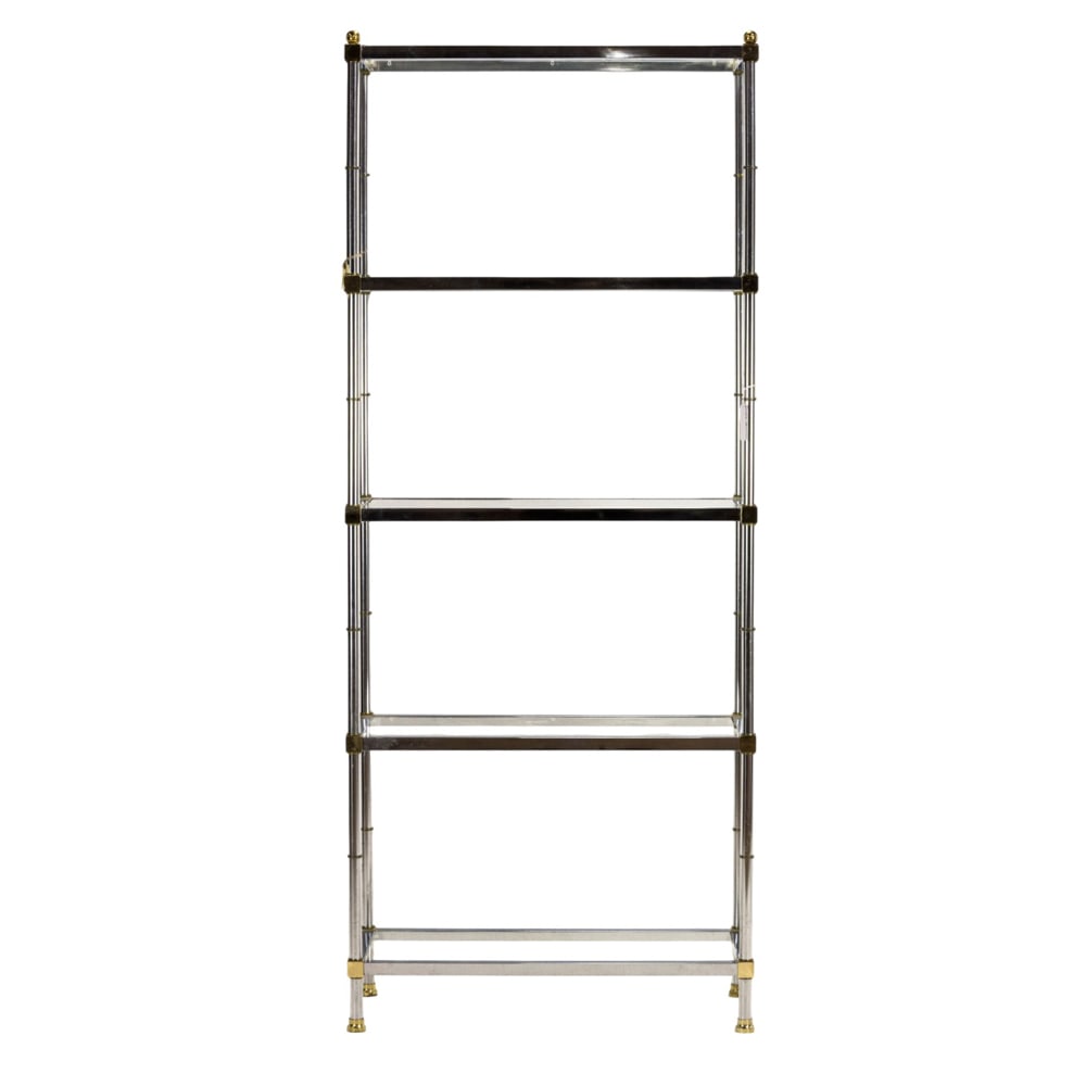 A contemporary brass and chrome shelving unit: A contemporary brass and chrome shelving unit, with five fixed glass shelves, and rising on brass tubular legs, 74.5"h x 30.5"w x 14.5"d