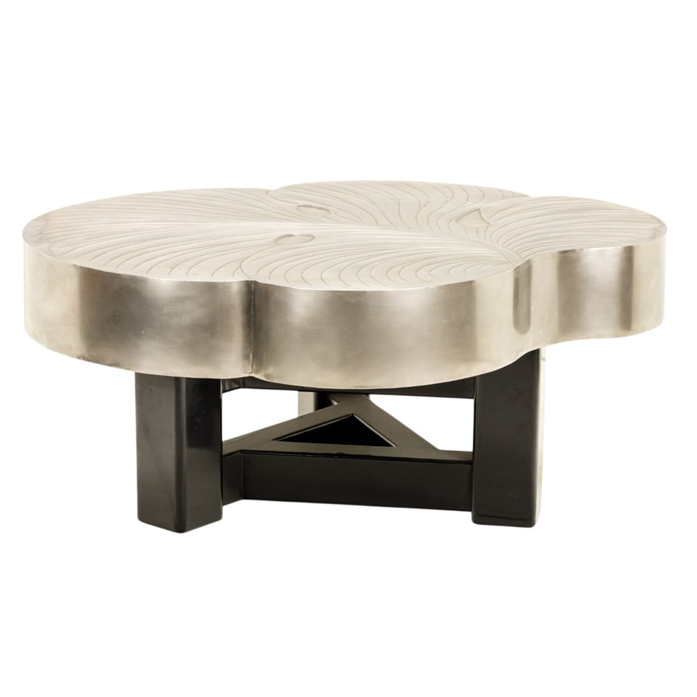 A Robert Kuo hammered metal cocktail table: A Robert Kuo hammered metal cocktail table, circa 2014, featuring leaf design on on black enameled plinth, factory plaque to plinth, 18.5"h x 42"w x 34"d. Note: This model was featured in an article