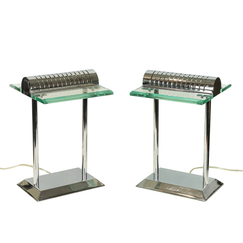 A pair of Contemporary chromed metal and glass desk lamps: A pair of Contemporary chromed metal and glass desk lamps, after a design by Robert Sonneman for George Kovacs, each inset with 'touch control' LED lights, 15"h x 10"w x 6.5"d