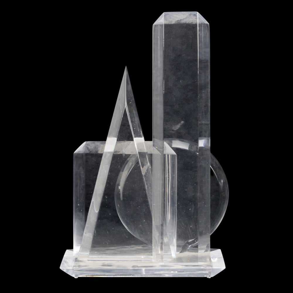 A Hivo Van Teal lucite sculpture: A Hivo Van Teal lucite sculpture, circa 1980, titled "Cityscape", signed 'Van Teal', 21.5"h x 13.5"w x 11.6"d