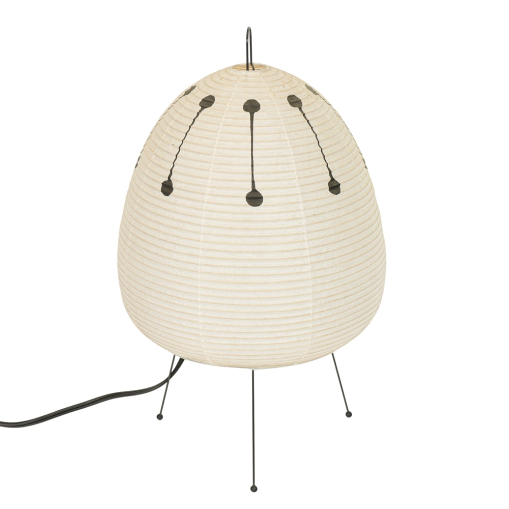 A contemporary reissue Isamu Noguchi washi paper and bamboo Akari table lamp: A contemporary reissue Isamu Noguchi washi paper and bamboo Akari table lamp, designed 1951, the egg-shaped shade having a black brushed abstract graphic design, supported by a three-legged wire