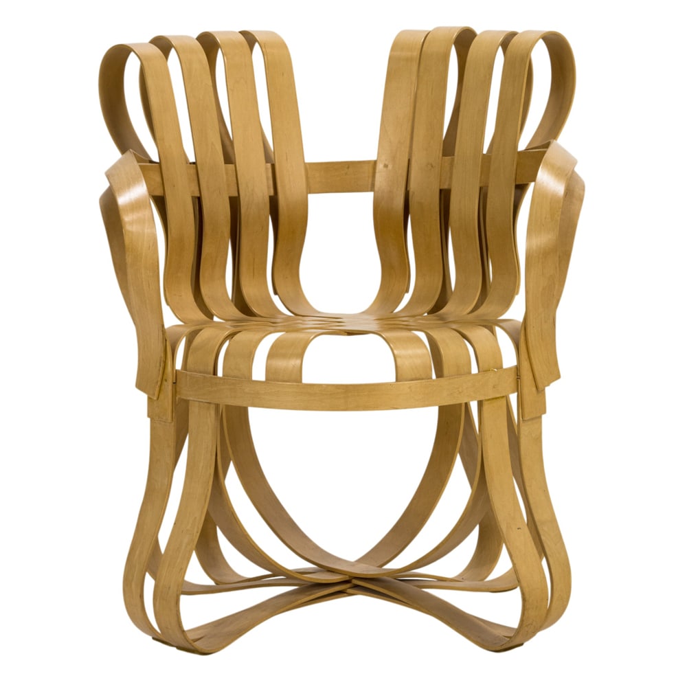 A Frank Gehry for Knoll Cross Check maple bentwood armchair: A Frank Gehry for Knoll Cross Check maple bentwood armchair, signature impressed 'Frank Gehry Knoll', impressed 'Made in USA 12/15/92', 35"h x 27"w x 22"d (overall); 18.5"h x 18.5"d (seat)