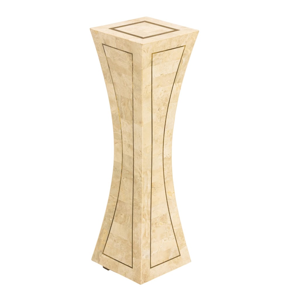 A contemporary brass inlaid and stone veneered pedestal: A contemporary brass inlaid and stone veneered pedestal, label to underside 'Mission Furniture Los Angeles and Phillipines', 30"h x 9"sq