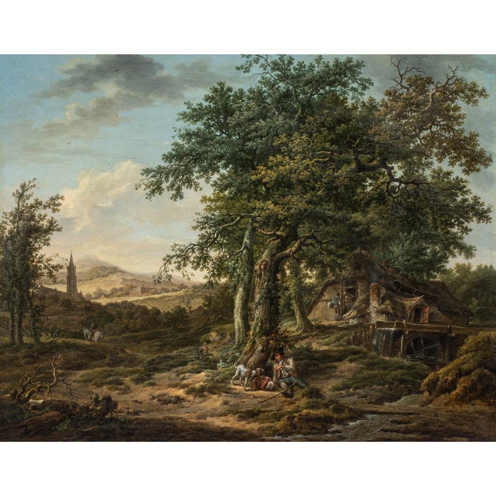 Painting, Pieter Pietersz Barbiers: Pieter Pietersz Barbiers (Dutch, 1749-1842), Bucolic Landscape with Man and Dog, oil on canvas, canvas: 28.25"h x 36.5"w, overall (with frame): 32.5"h x 40.25"w