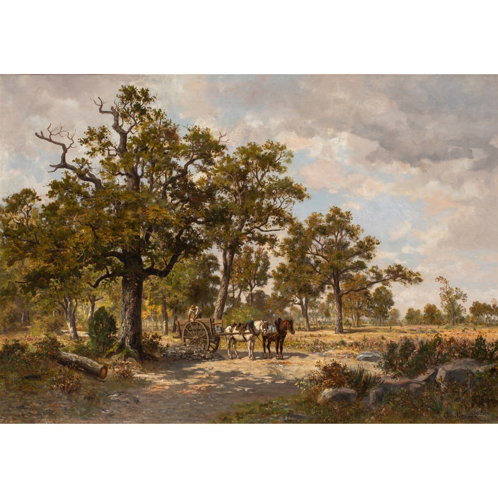Painting, Ernest Guillemer: Ernest Guillemer (French, 1839-1913), Les Carriers en Foret de Fontainebleau, c. 1875-1880, oil on canvas, signed lower right, gallery label (Kurt E. Schon, New Orleans, LA) affixed verso, canvas: 25.