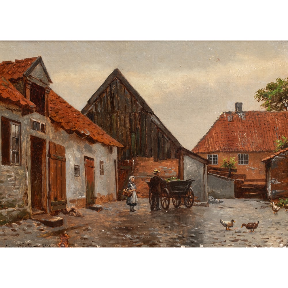 Painting, August Fischer: August Fischer (Danish, 1854-1921), View of Ribe, Denmark, signed and titled lower left, canvas: 10.5"h x 14.5"w, overall (with frame): 15.25"h x 19"w