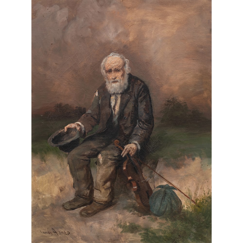 Painting, Alfred Lakos: Alfred Lakos (Hungarian, 1870-1961), Man Begging with Violin, oil on canvas, signed lower left, sight: 31"h x 23.25"w, overall (with frame): 36.25"h x 28.25"w