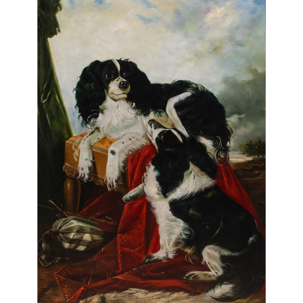 Painting, European School (20th century): European School (20th century), Spaniels, oil on canvas, signed "Evans" lower right, canvas: 40"h x 30"w, overall (with frame): 49"h x 39"w
