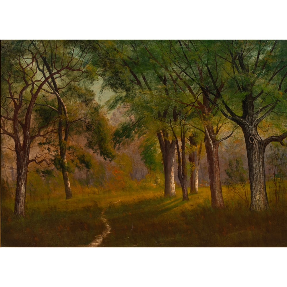 Painting, James Everett Stuart: James Everett Stuart (American, 1852-1941), "Trees on the Grounds of Mt. Baker, Lake Geneva, Wisconsin," 1911, oil on canvas, signed, dated, and numbered lower left, signed, titled, dated, and numbere