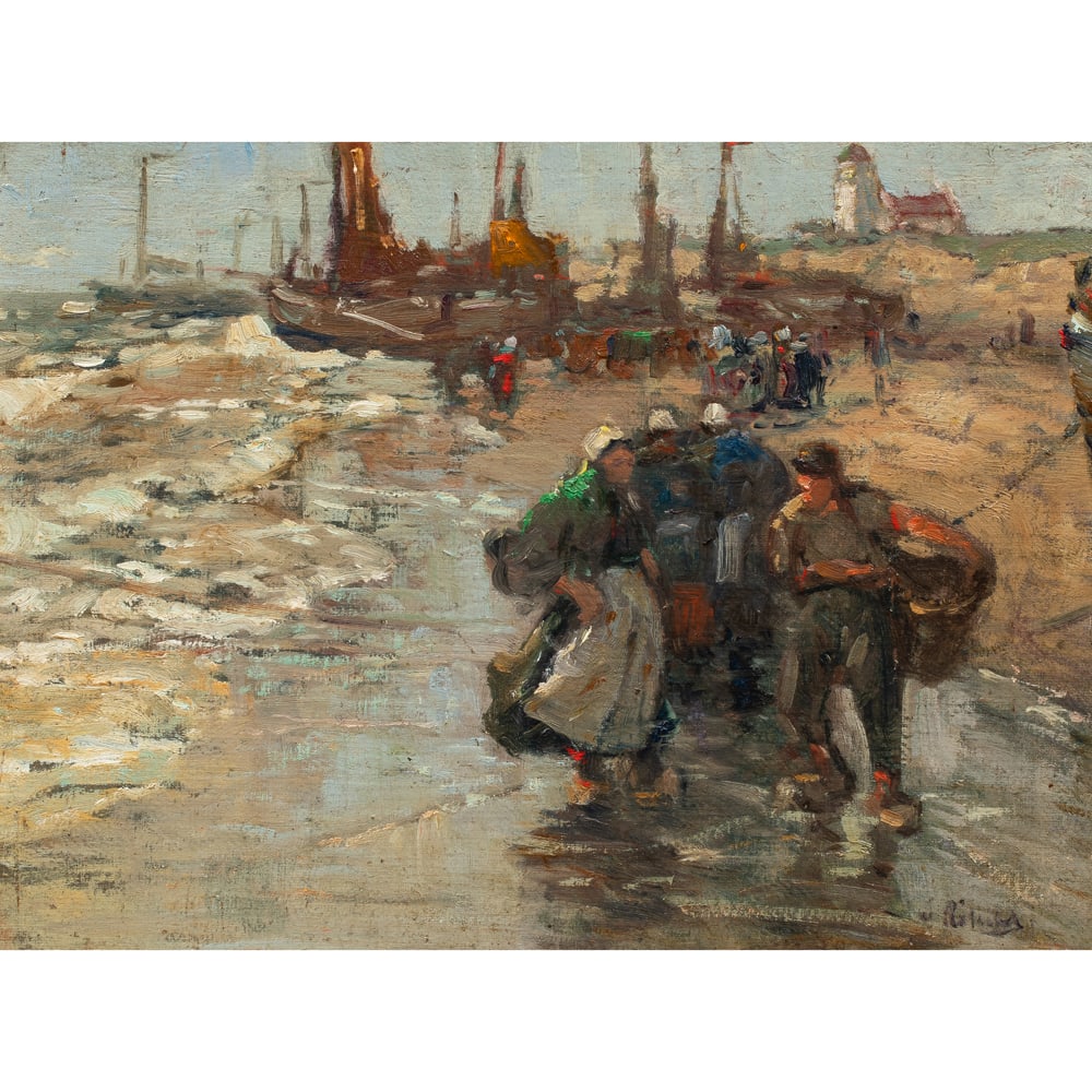 Painting, William Ritschel: William Frederick Ritschel (American/German, 1864-1949), Untitled (Fishing Boats on the Beach), oil on canvas board, signed lower right, board: 11.5"h x 15.5"w, overall (with frame): 17.25"h x 21.25"w