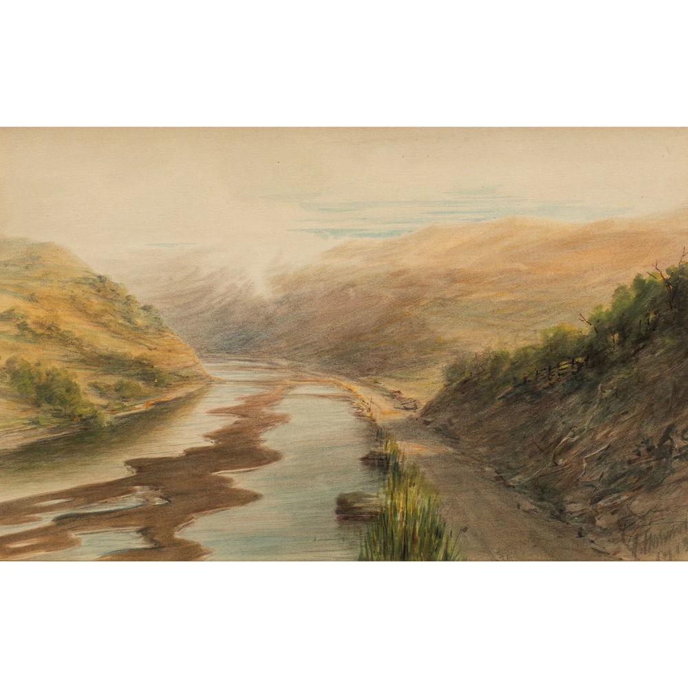 Watercolor, Alfred Villiers Farnsworth: Alfred Villiers Farnsworth (American, 1858-1908), River Landscape, 1913, watercolor, signed and dated lower right, sheet: 11.75"h x 18.5"w, overall (with frame): 16.25"h x 23.25"w