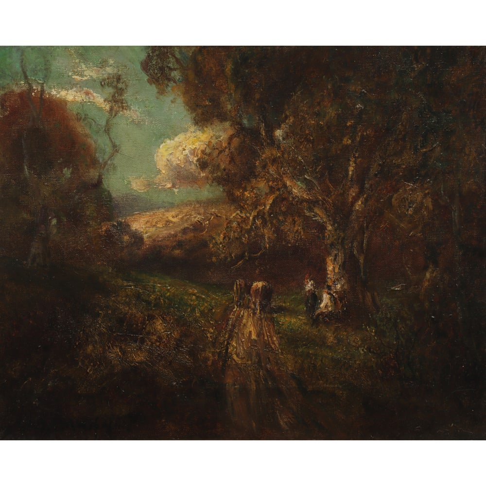 Painting, Jules Mersfelder: Jules Mersfelder (American, 1865-1937), Landscape with Figures and Cows, oil on canvas, signed lower left, canvas: 12.25"h x 16.25"w, overall (with frame): 16.75"h x 20.5"w