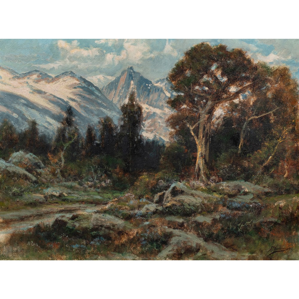 Painting, Manuel Valencia: Manuel Valencia (American, 1856-1935), Untitled (Landscape with Snow Covered Mountains), oil on canvas, signed lower right, canvas: 30"h x 40"w, overall (with frame): 37.5"h x 47.25"w