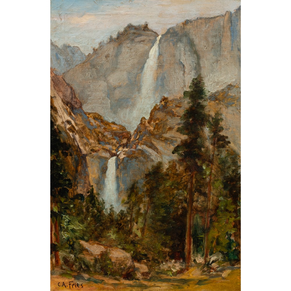 Painting, Charles Arthur Fries: Charles Arthur Fries (American, 1854-1940), View of Yosemite, oil on canvas, signed lower left, canvas: 18"h x 12"w, overall (with frame): 22.25"h x 16.25"w