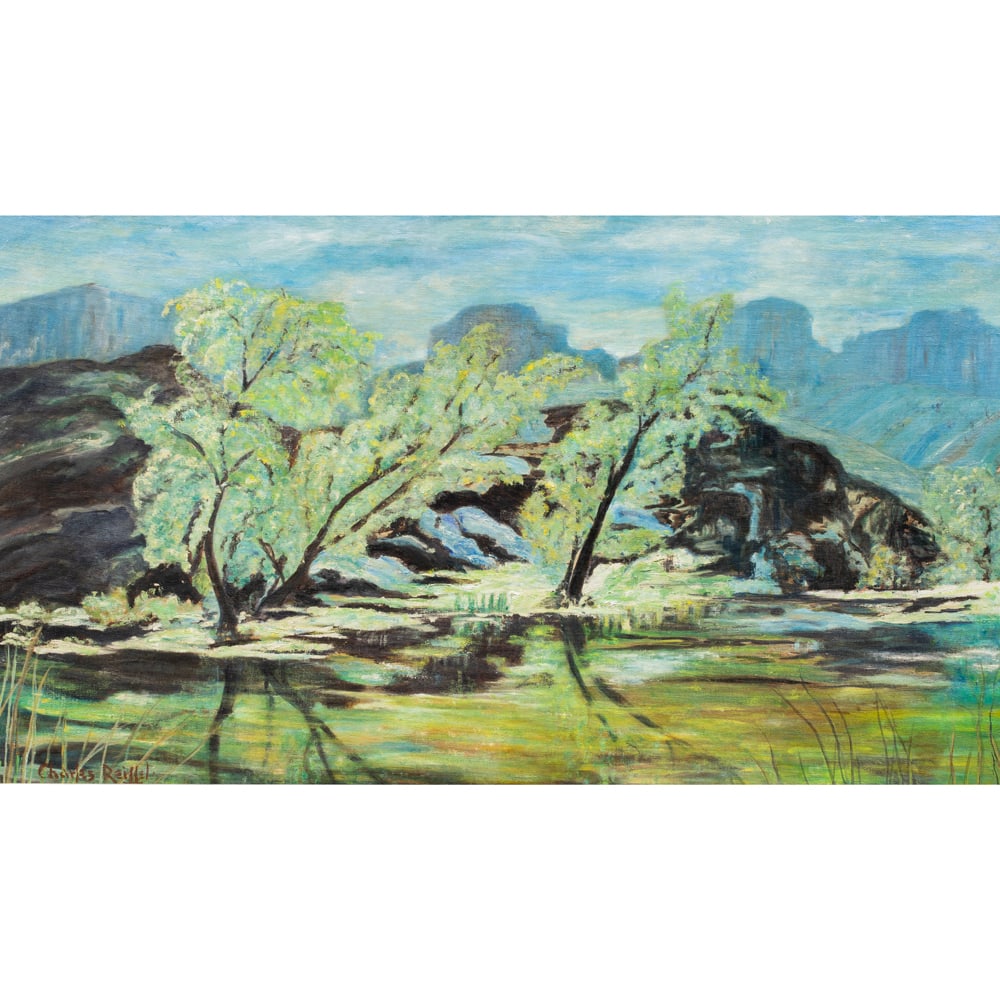 Painting, Charles Reiffel: Charles Reiffel (American, 1862-1942), Untitled (Trees Along Water's Edge with Buttes in the Distance), oil on canvas, signed lower left, canvas: 22"h x 38"w, overall (with frame): 27"h x 43.5"w