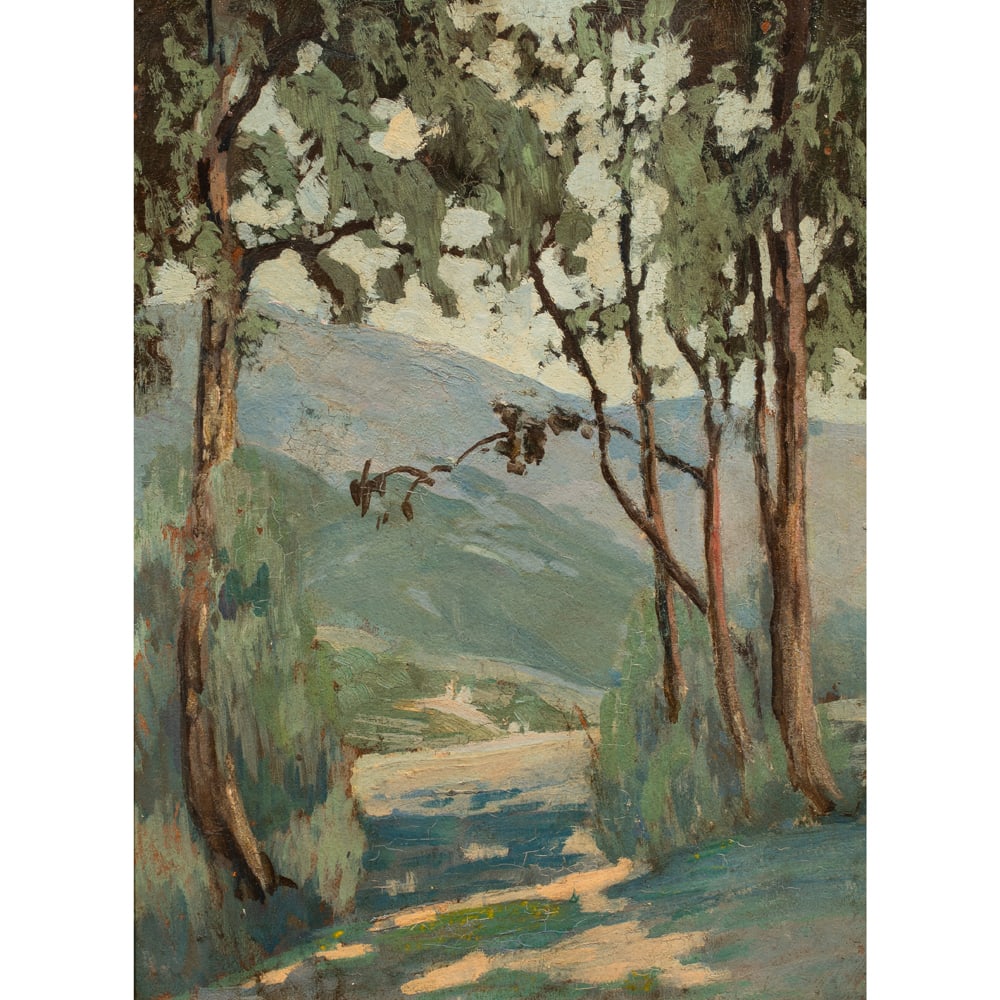 Painting, Francis McComas: Francis John McComas (American, 1875-1938), Ojai Valley, 1910, oil on board, signed, titled and dated verso, board: 16"h x 12"w, overall (with frame): 17.5"h x 13.5"w