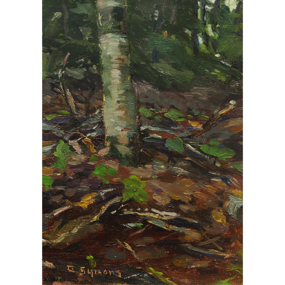 Painting, George Gardner Symons: George Gardner Symons (American, 1863-1930), Untitled (Forest Scene with Tree Trunk), oil on panel, signed lower left, panel: 10"h x 7.25"w, overall (with frame): 12.5"h x 10"w