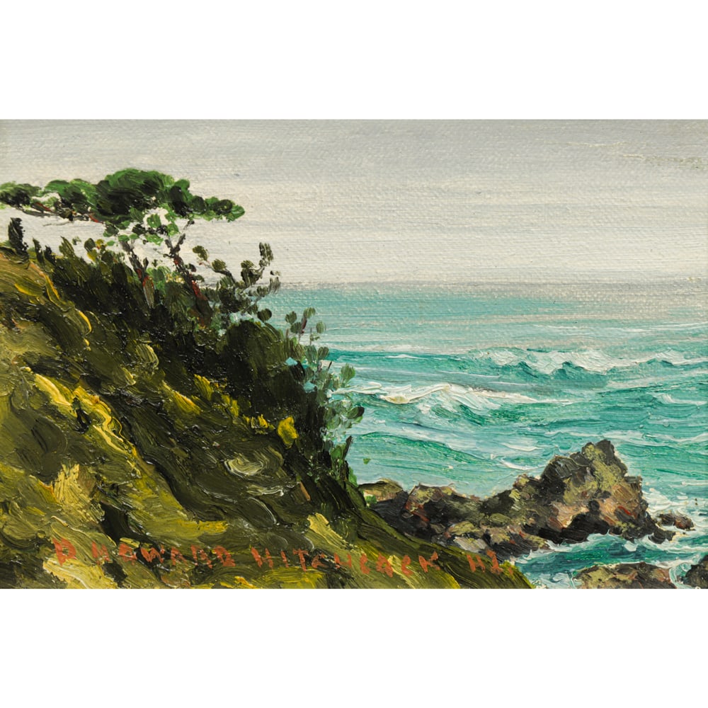 Painting, David Howard Hitchcock: David Howard Hitchcock (American, 1861-1943), Untitled (Hawaiian Coast), oil on canvas board, signed lower left, board: 4"h x 6"w, overall (with frame and hardware hanger: Foster Bros., Boston): 7"h