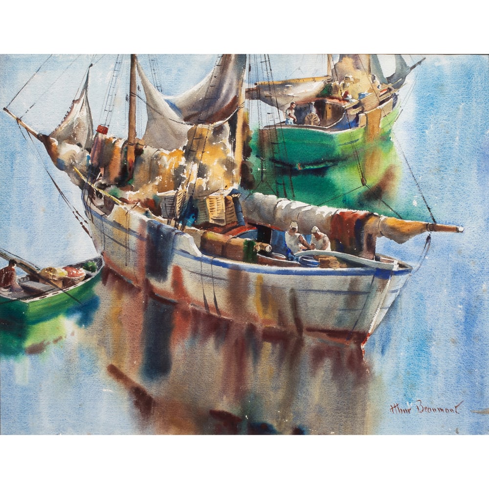 Watercolor, Arthur Beaumont: Arthur Beaumont (American, 1890-1978), "The Sponge Fishermen, Culebra, West Indies," watercolor, signed lower right, signed and titled lower center, sight: 19.25"h x 24.5"w, overall (with frame):