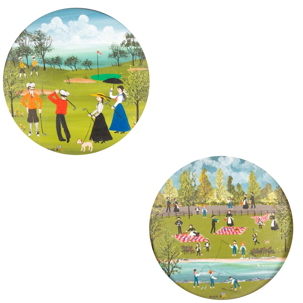 Paintings, Mrs. B (Mry Ann Rugh Baker): (lot of 2) Mrs. B (Mary Ann Rugh Baker) (American, 20th century), "The Amish Family Picnic" and "Golfing on Sunday," oils on canvas affixed to board, each signed lower center, sight (for each): 8"h x