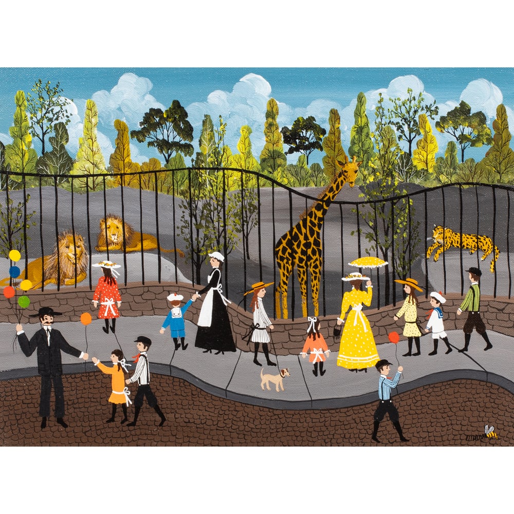 Painting, Mrs. B (Mary Ann Rugh Baker): Mrs. B (Mary Ann Rugh Baker) (American, 20th century), "A Day at the Zoo," oil on canvas, signed lower right, canvas: 12"h x 16"w, overall (with frame): 12"h x 16"w