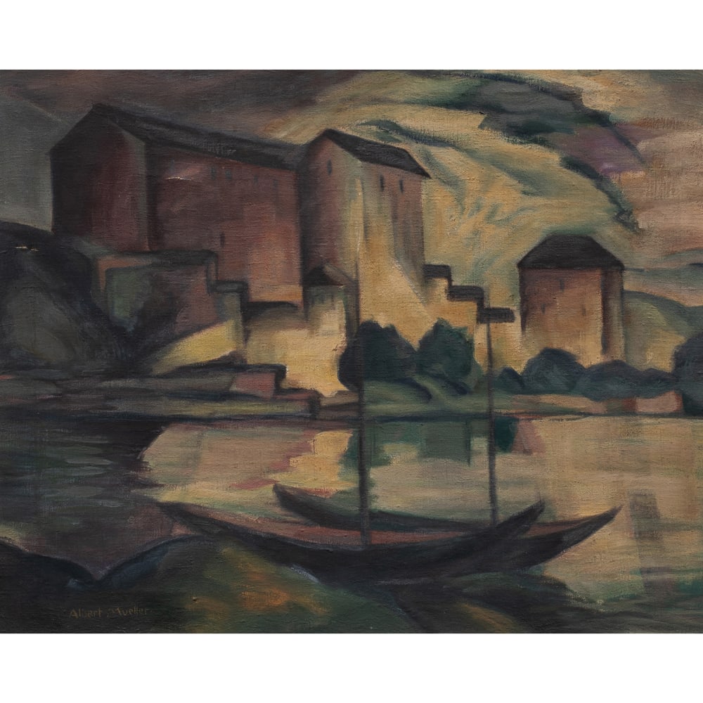Painting, Albert Mueller: Albert Mueller (German, 1884-1963), Untitled (Nocturne with Boats and Buildings), oil on canvas, signed lower left, canvas: 25.75"h x 31.75"w, overall (with frame): 30.5"h x 36.5"w