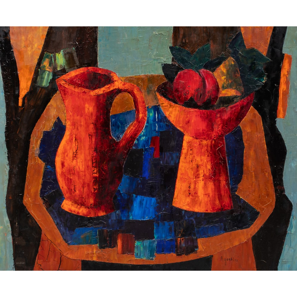Painting, Tony Agostini: Tony Agostini (Italian, 1916-1990), Untitled (Still Life with Orange Pitcher and Vase), oil on canvas, signed lower right, partial European gallery labels affixed verso, canvas: 23.5"h x 28.75"w, over
