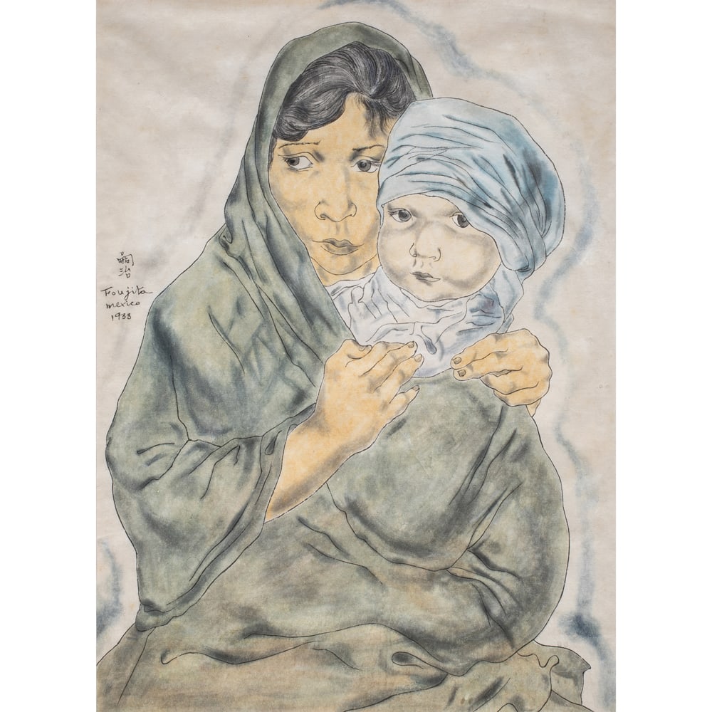 Watercolor, Attributed to Leonard Tsuguharu Foujita: Attributed to Leonard Tsuguharu Foujita (French 1886-1968), Mother and Child, 1933, watercolor, bears signature and date center left, sight: 17.75"h x 12.75"w, overall (with frame): 23.75"h x 18.75"w