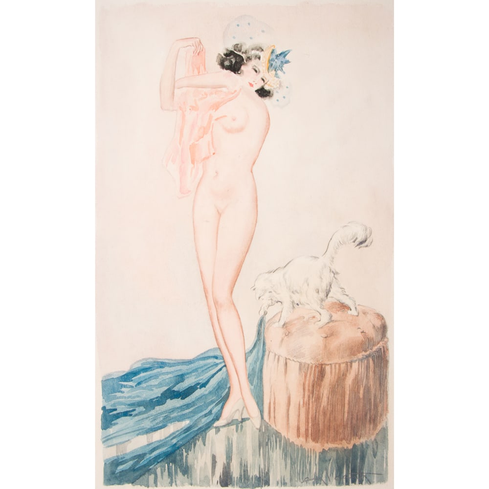 Watercolor, Louis Icart: Louis Icart (French, 1888-1950) Untitled (Nude with Cat), watercolor, signed lower right, sheet (unframed): 22"h x 14"w