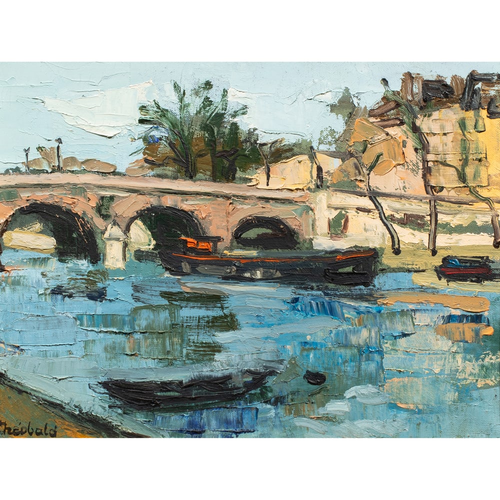 Painting, Renee Theobald: Renee Theobald (French, 1926-2014), View of Seine, Paris, oil on canvas, signed lower left, canvas: 10.75"h x 14"w, overall (with frame): 17"h x 20"w
