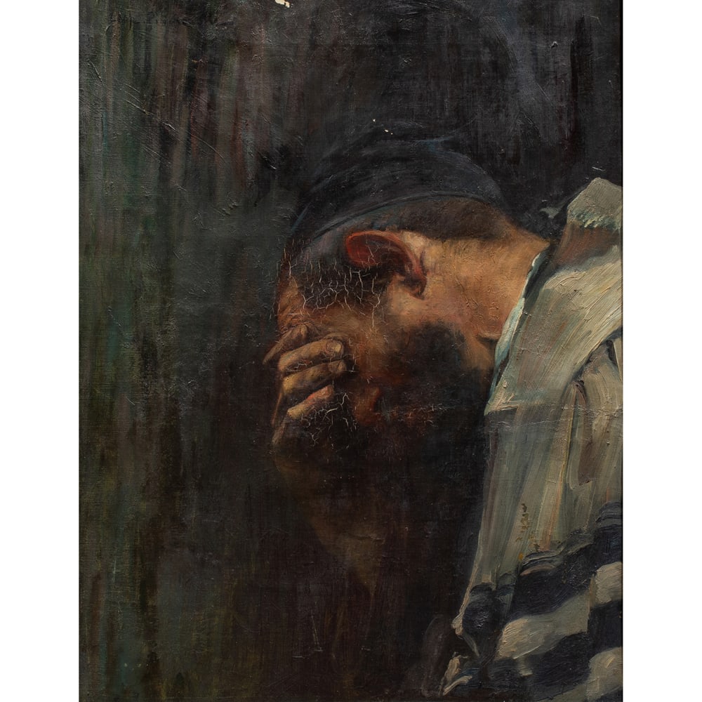 Painting, Leopold Pilichowski: Leopold Pilichowski (Polish, 1864-1934), Untitled (Rabbi with Hand on Head), oil on canvas, signed upper left, canvas: 20"h x 16"w, overall (with frame): 26.5"h x 22.5"w