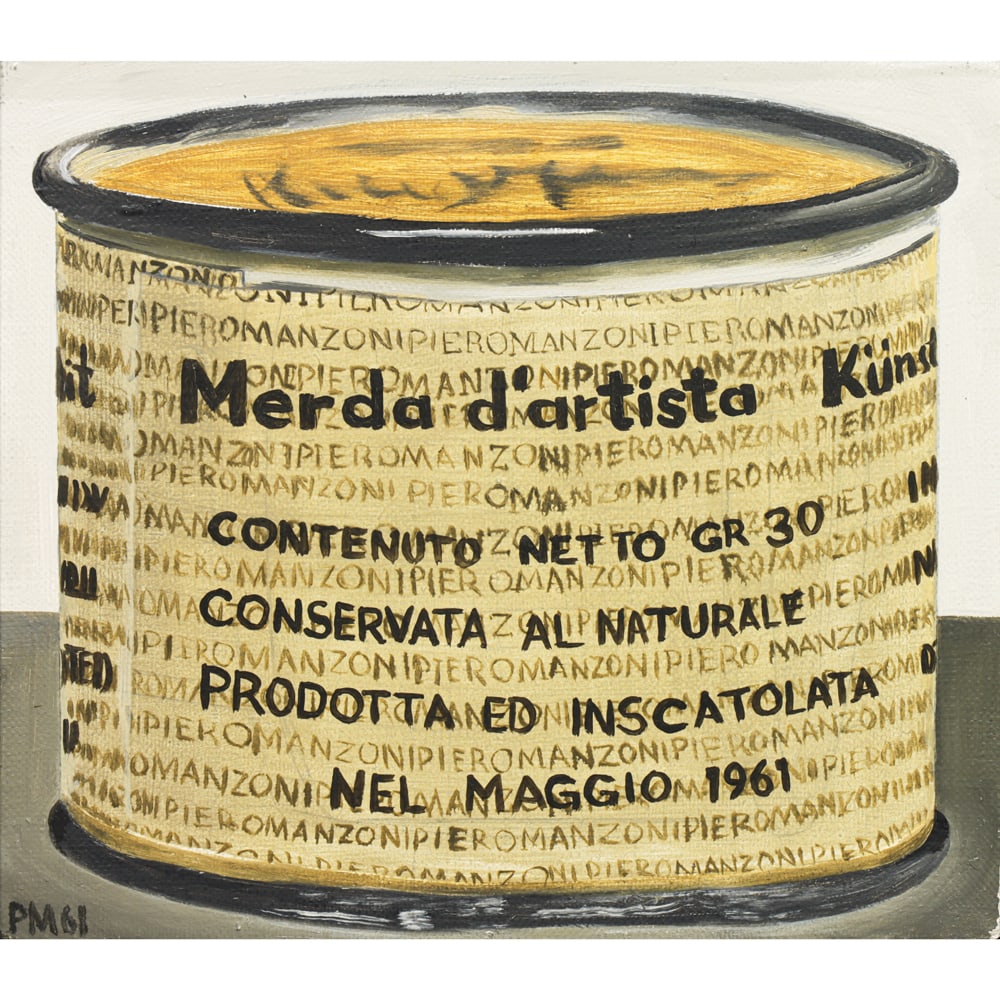 Painting, Marco Arce: Marco Arce (Mexican, b. 1968), "Merda d'Artista," 1999, oil on canvas, gallery label (Galeria Enrique Guerrero, Mexico City) affixed to stretcher, canvas: 8"h x 9"w, overall (with frame): 10"h x 9"w. 