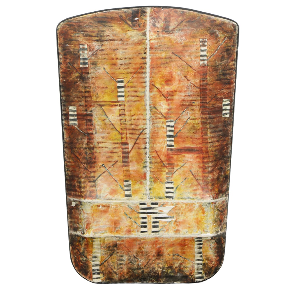 Painting, Victor Guadalajara: Victor Guadalajara (Mexican, b. 1965), "Viaje en Klee," 2001, oil and encaustic on canvas over shaped support, signed, dated, titled and inscribed 'Mexico' on verso, overall (canvas): 31.5"h 21"w x 2.