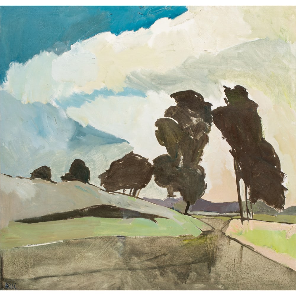 Painting, Ron Bosc: Ron Bosc (American, 20th century), Landscape with Trees, oil on canvas, signed lower left, canvas: 44"h x 46"w, overall (with frame): 45"h x 47"w