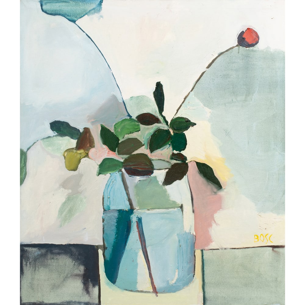 Painting, Ron Bosc: Ron Bosc (American, 20th century), "Magdelena," 1980, oil on canvas, signed lower right, titled and dated on reverse, canvas: 46"h x 40"w, overall (with frame): 46.75"h x 41"w