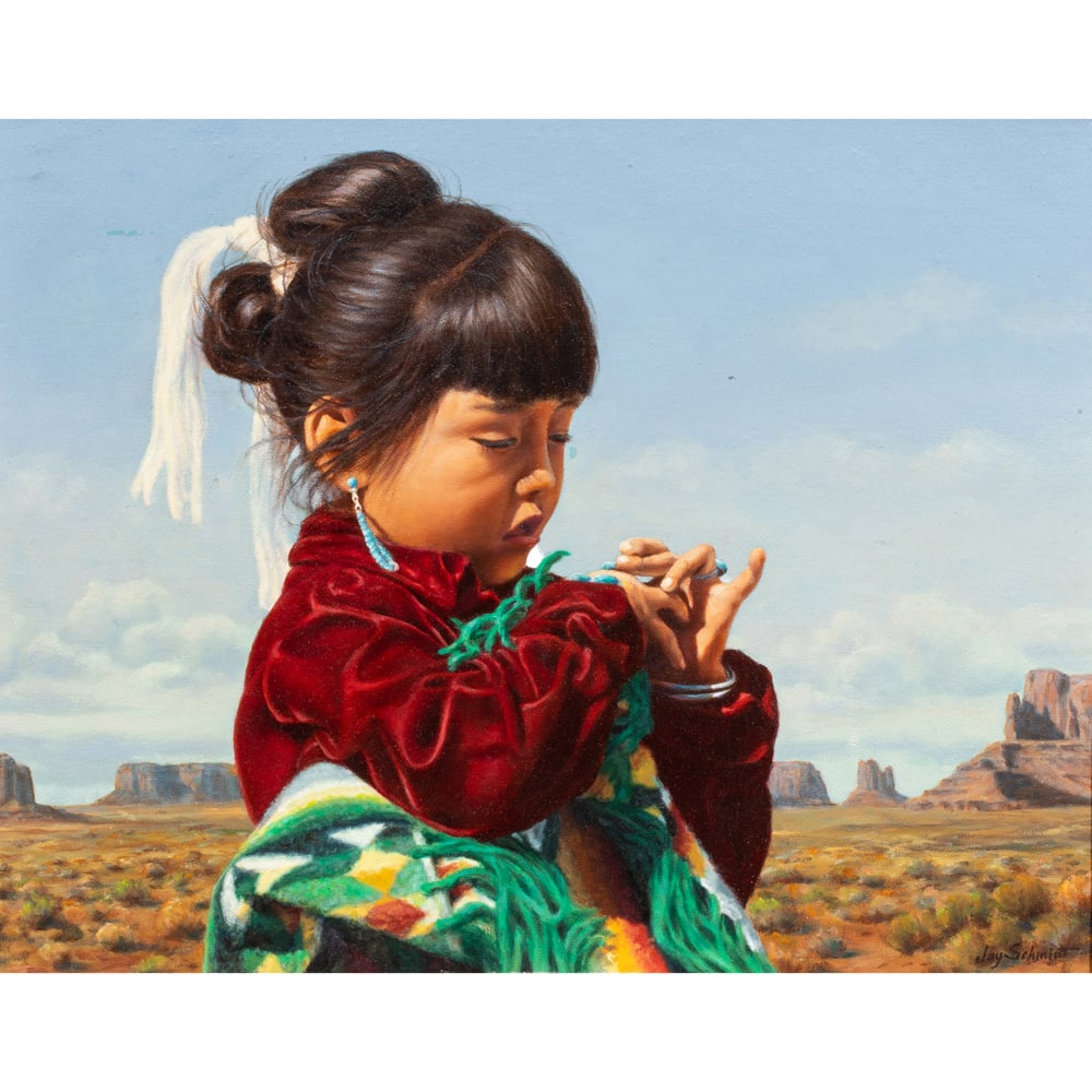 Painting, Jay Schmidt: Jay Schmidt (American, b. 1929), "Rings on Her Fingers," oil on canvas affixed to board, signed lower right, signed and titled verso, board: 15"h x 18.75"w, overall (with frame): 22.25"h x 26.25"w