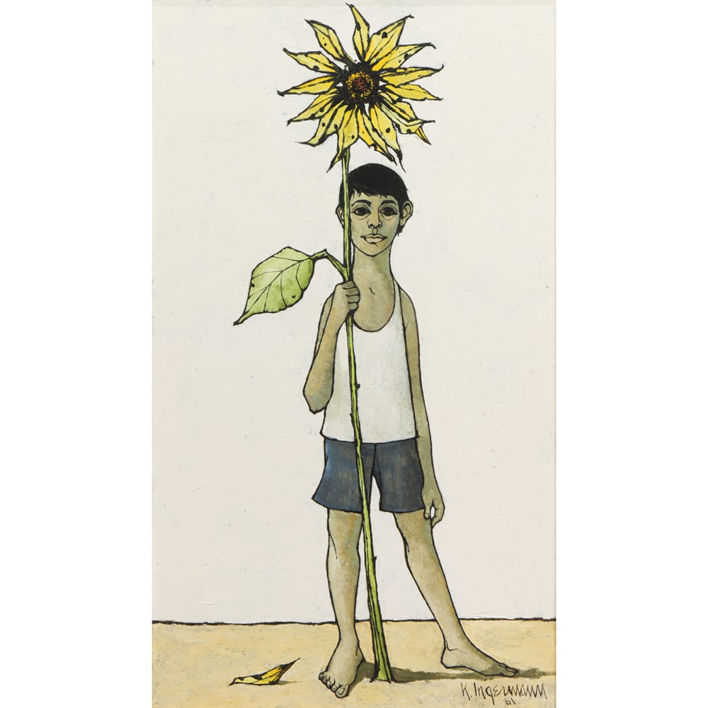 Painting, Keith Ingermann: Keith Ingermann (American, 1929-2012), Young Man with Sunflower, 1961, oil on board, signed and dated lower right, board: 28"h x 15.5"w, overall (with frame): 33"h x 20"w