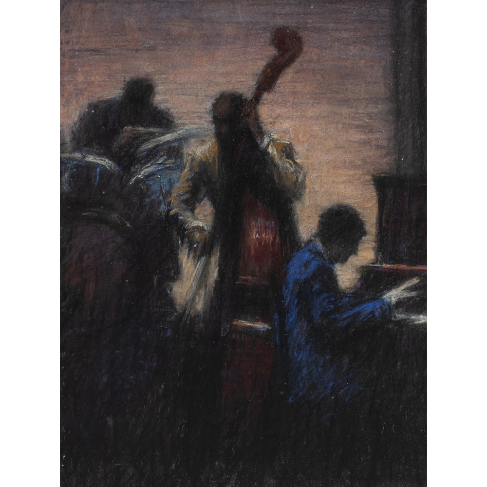 Work on paper, Mark Wallison: Mark Wallison (American, 20th/21st century), "Philadelphia Trio," pastel, signed lower right, gallery label (The Sande Webster Gallery, Philadelphia, PA) affixed verso, sight: 11"h x 8.5"w, overall (w