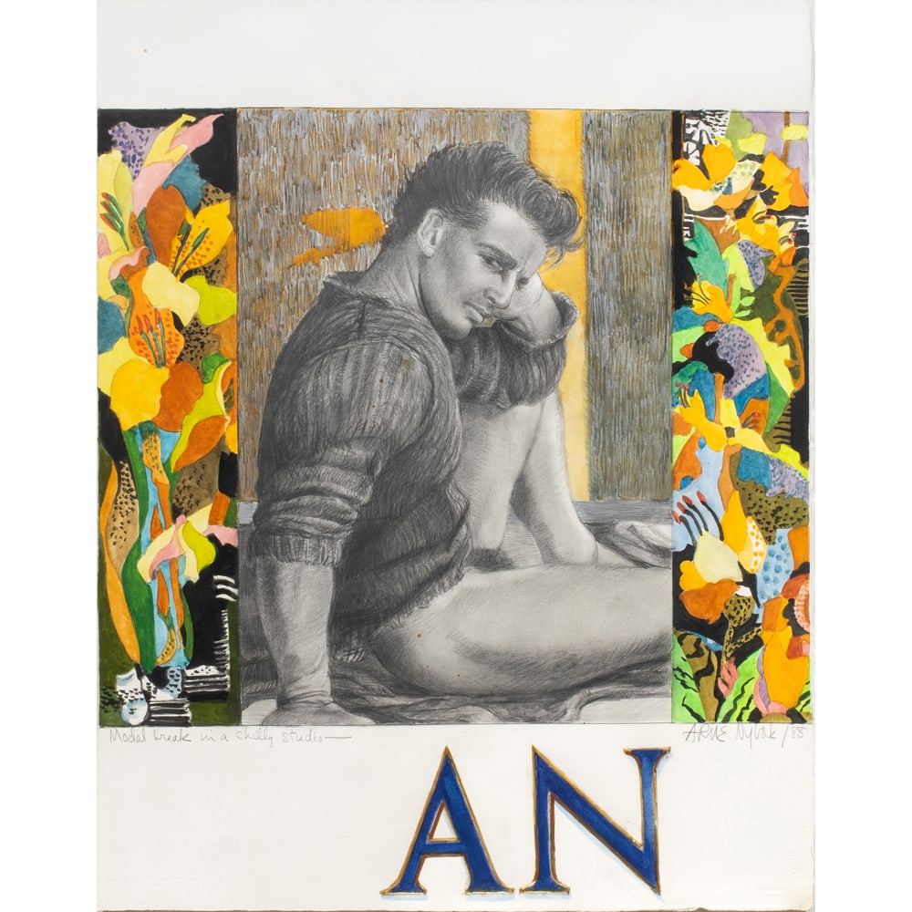 Work on Paper, Arne Nybak: Arne Nybak (American, 1910-1999), "Model Break in a Chilly Studio," 1988, watercolor and pencil on paper, signed and dated lower right, initialed lower center and titled lower left, sheet: 26"h x