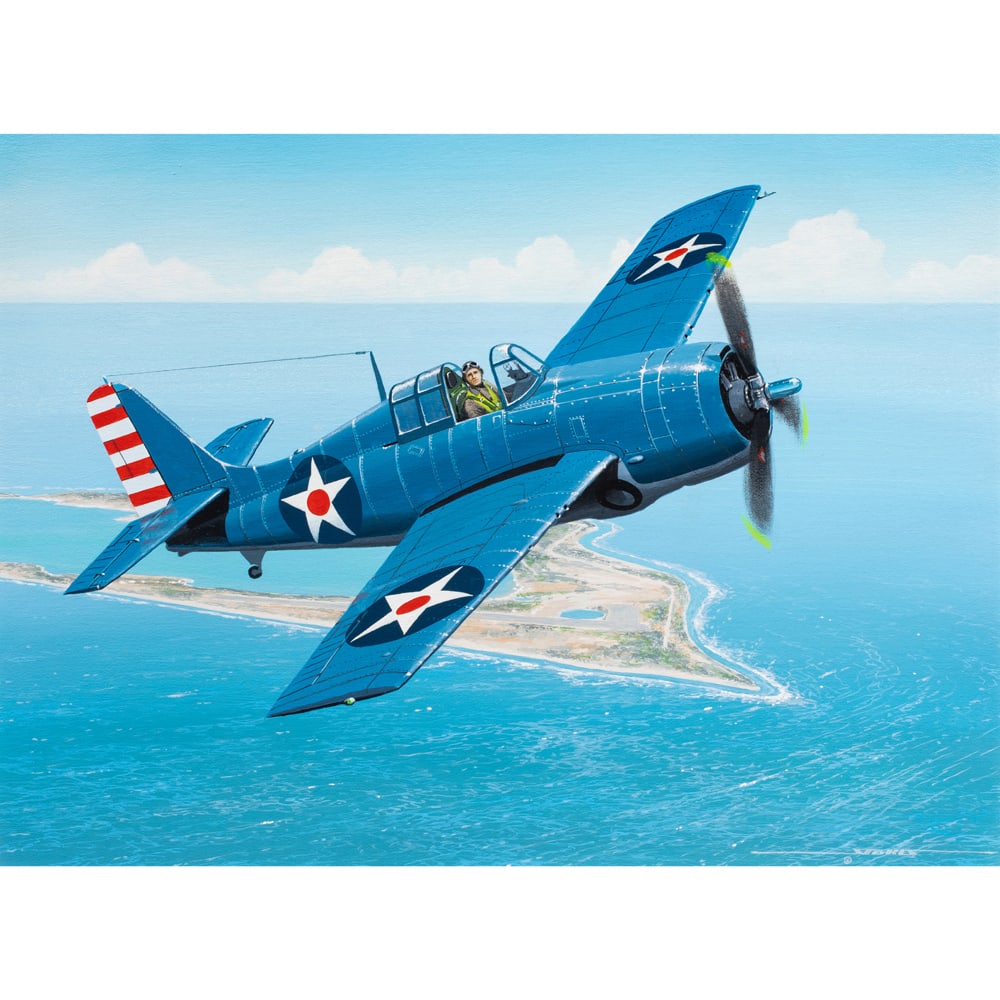 Painting, Stan Stokes: Stan Stokes (American, b. 1950), "Grumman F4F 3 Wildcat," 1980, oil on canvas, signed lower right and signed, titled and dated verso, gallery label (The Berman Gallery) affixed verso, sight: 17.5"h x