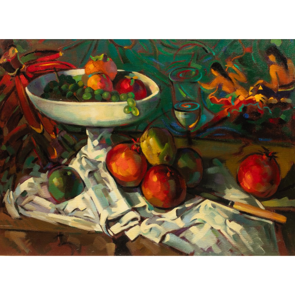Painting, Alan McCorkle: Alan McCorkle (American, 1940-1995), "After Cezanne-Gaugin," oil on canvas, signed and titled verso, canvas: 18"h x 24"w, overall (with frame): 23.75"h x 29.75"w