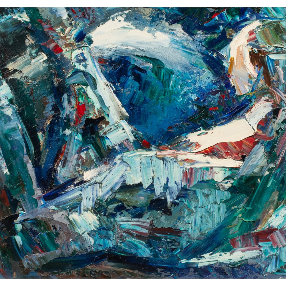 Painting, Alan McCorkle: Alan McCorkle (American, 1940-1995), "The Sea," oil on canvas board, signed and titled verso, title placard affixed lower center, board: 22"h x 23"w, overall (with frame): 27.75"h x 28.75"w