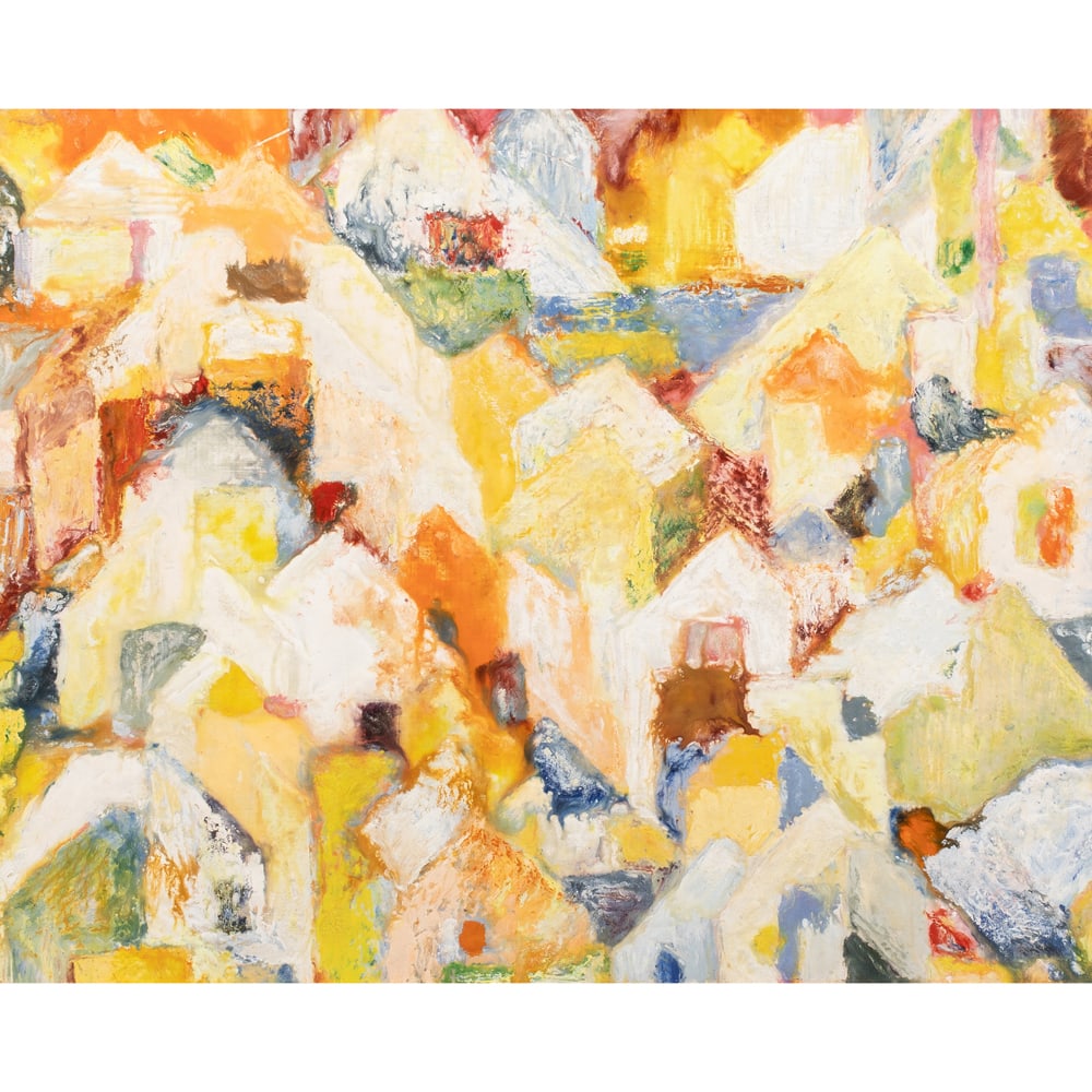 Painting, Gertrude Wiebe Mihsfeldt: Gertrude Wiebe Mihsfeldt (American/German, 1901-1989), Untitled (Abstract City), oil on board, signed verso, board: 16"h x 20"w, overall (with frame): 24"h x 28"w