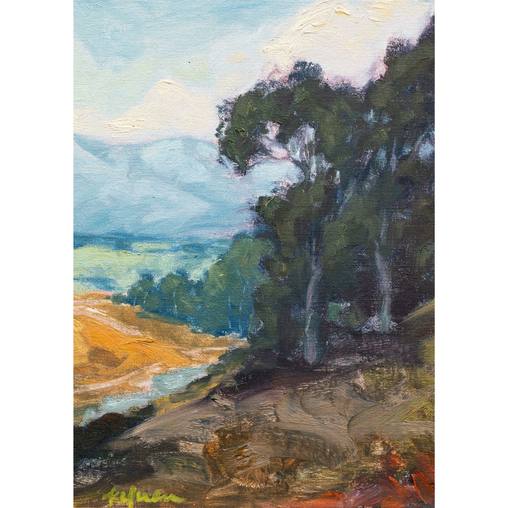 Painting, Kyran Aviani: Kyran Aviani (American, 1928-1969), California Landscape, oil on canvas affixed to board, signed lower left, sight: 11.5"h x 8.5"w, overall (with frame): 13.25"h x 10.25"w