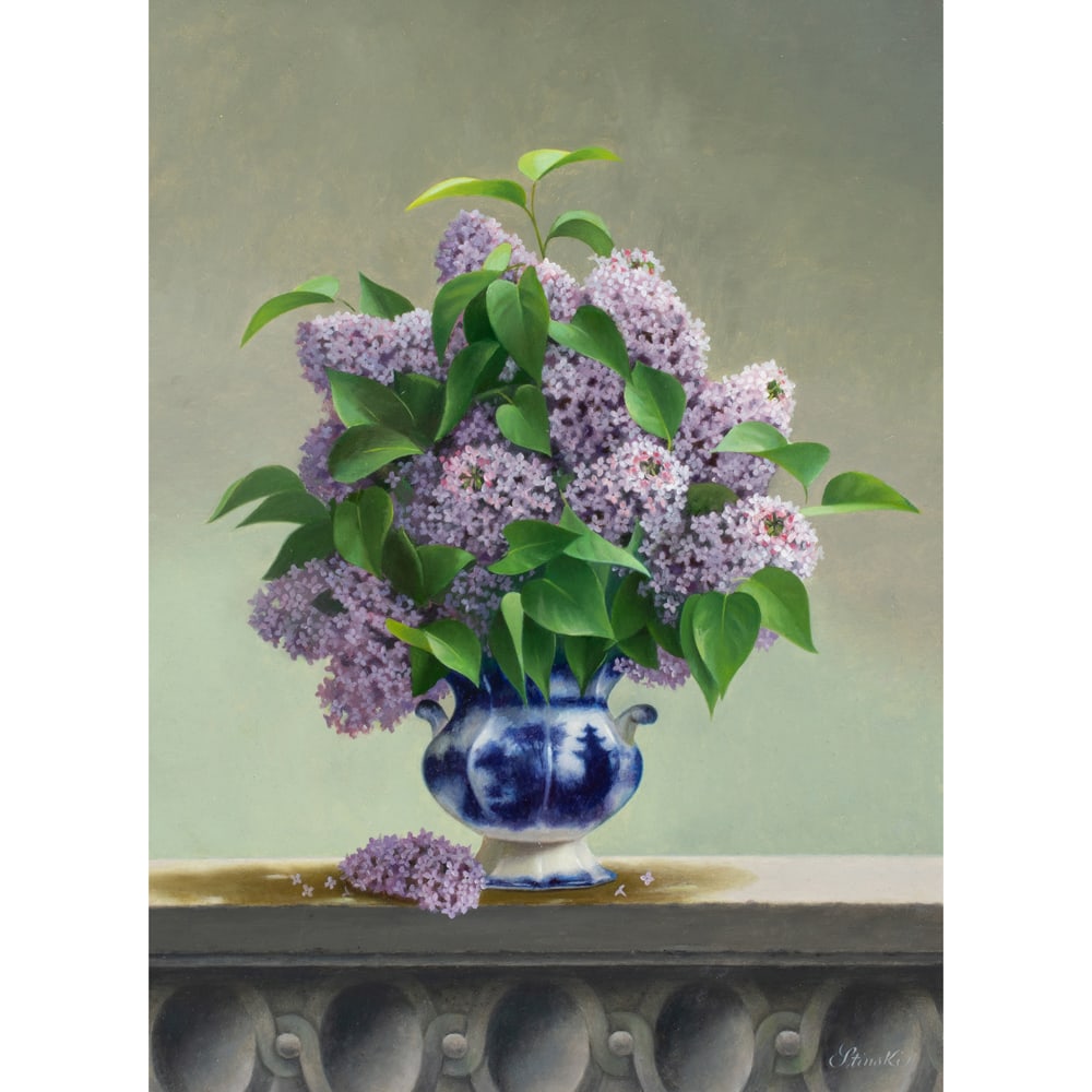 Painting, Gerald Stinski: Gerald Stinski (American, 1929-2015), Untitled (Still Life with Lilacs), oil on board, signed lower right, board: 16"h x 12"w, overall (with frame): 22.5"h x 18.5"w